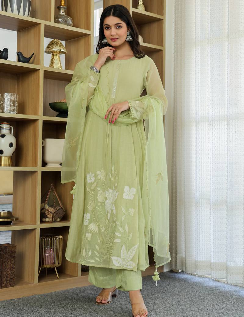 Women's chanderi silk sequin embroidered olive green kurta pant set with chanderi dupatta