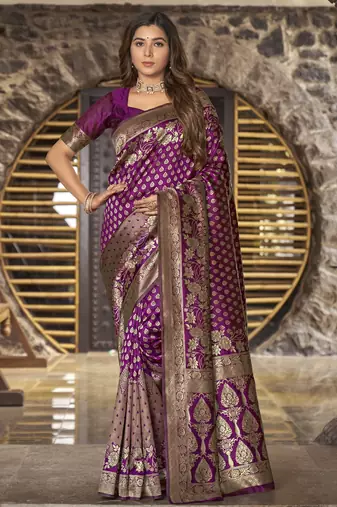 Wine copper soft silk blend banarasi jacuard work designer party wear saree with unstitched blouse piece