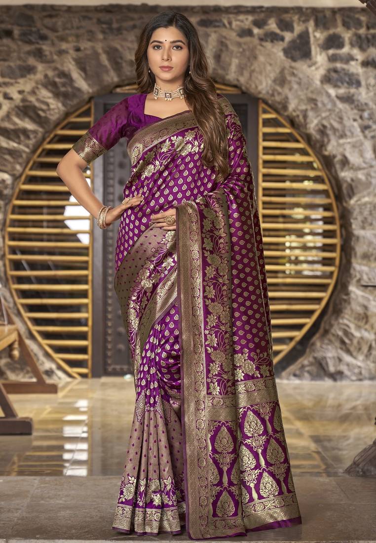 Wine copper soft silk blend banarasi jacuard work designer party wear saree with unstitched blouse piece