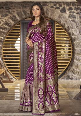 Wine copper silk blend banarasi saree with unstitched blouse piece 2