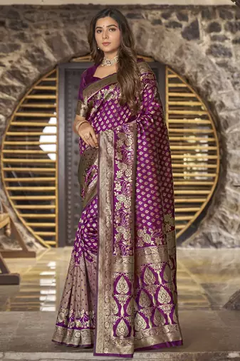 Wine copper silk blend banarasi saree with unstitched blouse piece