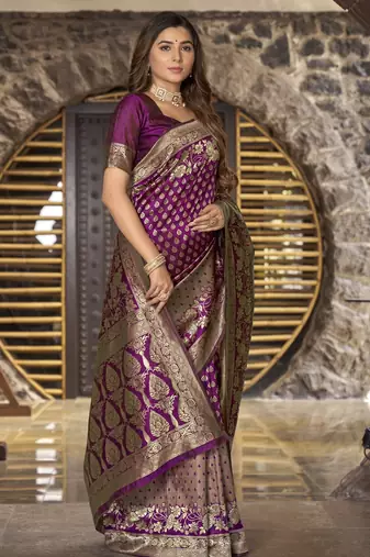 Wine copper silk blend banarasi saree with unstitched blouse piece