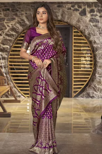 Wine copper silk blend banarasi saree with unstitched blouse piece