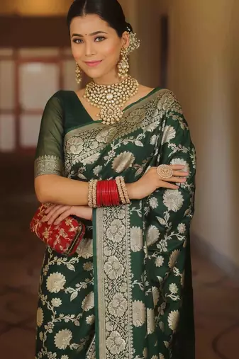 Green soft silk blend banarasi jacuard work designer party wear saree with unstitched blouse piece