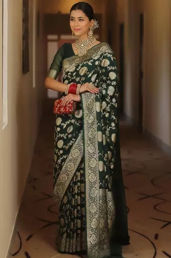 Green silk blend banarasi saree with unstitched blouse piece