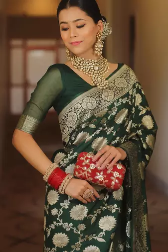 Green silk blend banarasi saree with unstitched blouse piece