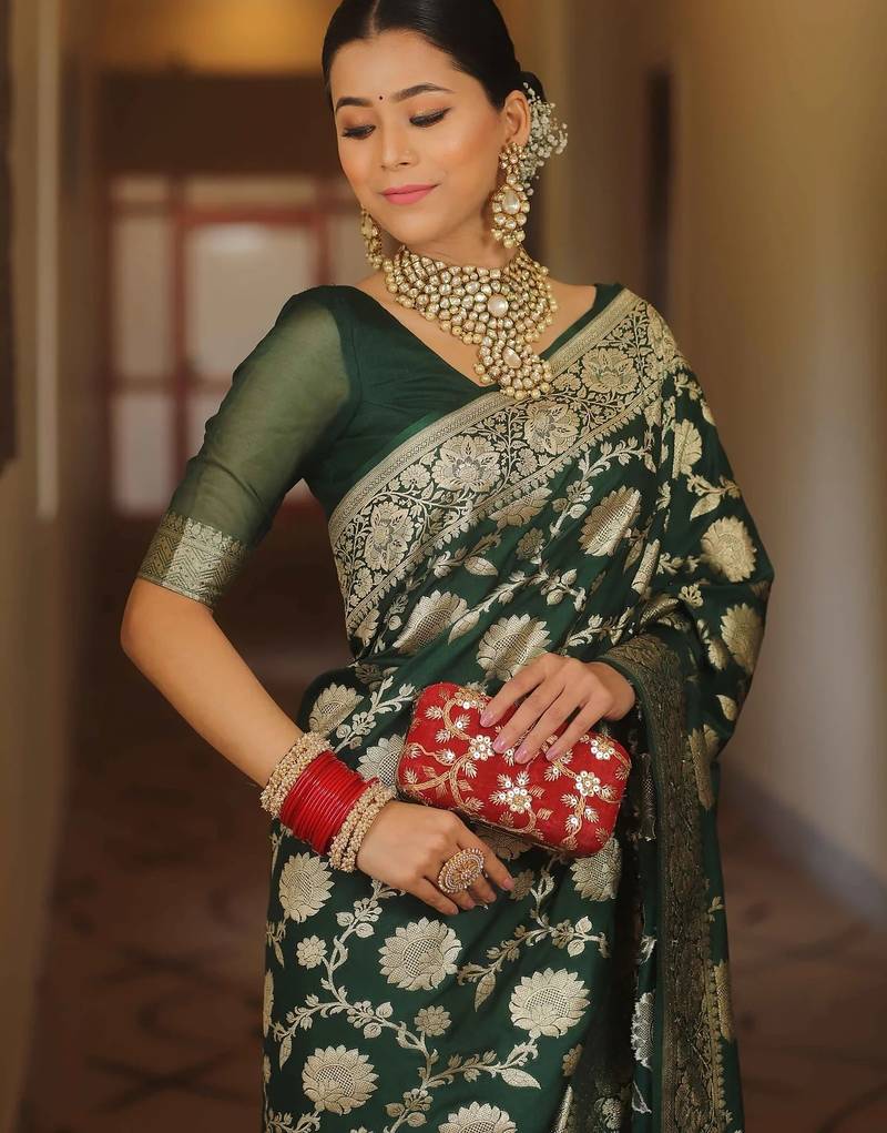 Green soft silk blend banarasi jacuard work designer party wear saree with unstitched blouse piece