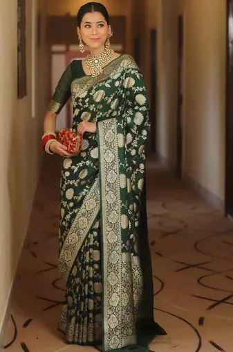 Green silk blend banarasi saree with unstitched blouse piece