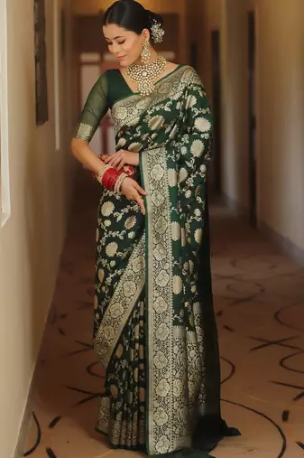 Green silk blend banarasi saree with unstitched blouse piece