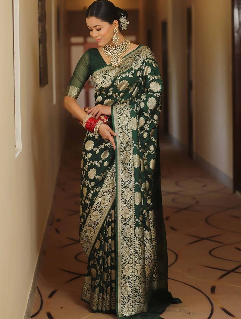 Green soft silk blend banarasi jacuard work designer party wear saree with unstitched blouse piece