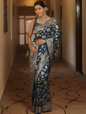 Blue silk blend banarasi saree with unstitched blouse piece 1