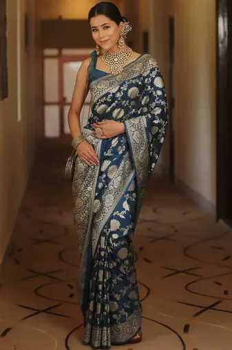 Blue soft silk blend banarasi jacuard work designer party wear saree with unstitched blouse piece