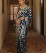 Blue soft silk blend banarasi jacuard work designer party wear saree with unstitched blouse piece