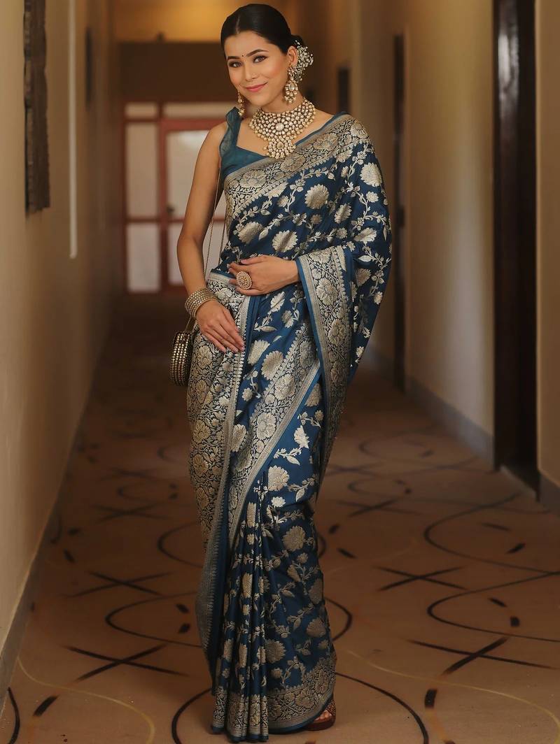 Blue soft silk blend banarasi jacuard work designer party wear saree with unstitched blouse piece