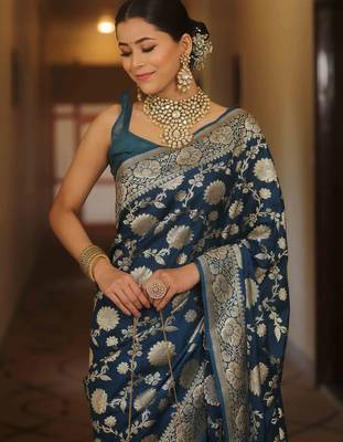 Blue silk blend banarasi saree with unstitched blouse piece 2