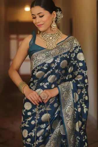 Blue silk blend banarasi saree with unstitched blouse piece