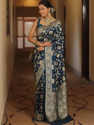 Blue silk blend banarasi saree with unstitched blouse piece 3