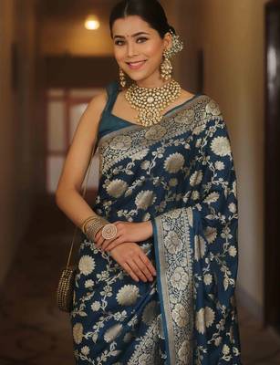 Blue silk blend banarasi saree with unstitched blouse piece 4