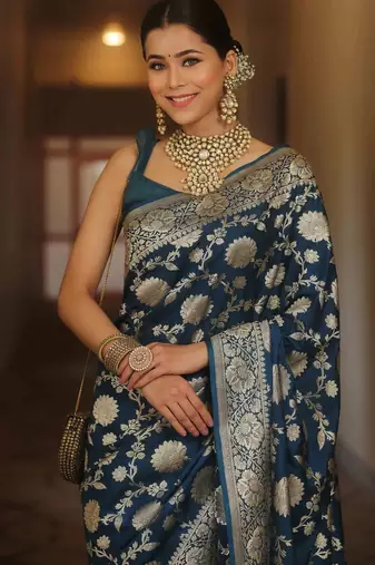 Blue silk blend banarasi saree with unstitched blouse piece