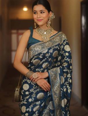 Blue silk blend banarasi saree with unstitched blouse piece 5