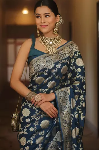 Blue silk blend banarasi saree with unstitched blouse piece