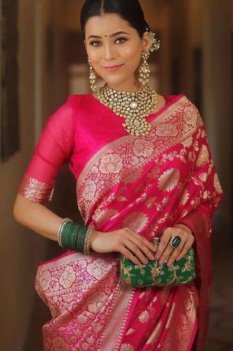 Pink soft silk blend banarasi jacuard work designer party wear saree with unstitched blouse piece