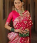 Pink soft silk blend banarasi jacuard work designer party wear saree with unstitched blouse piece