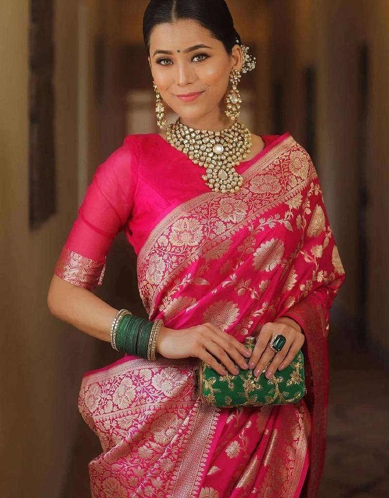 Pink soft silk blend banarasi jacuard work designer party wear saree with unstitched blouse piece