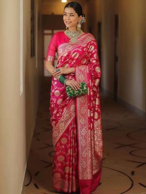 Pink silk blend banarasi saree with unstitched blouse piece 2