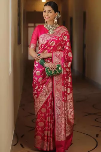Pink silk blend banarasi saree with unstitched blouse piece
