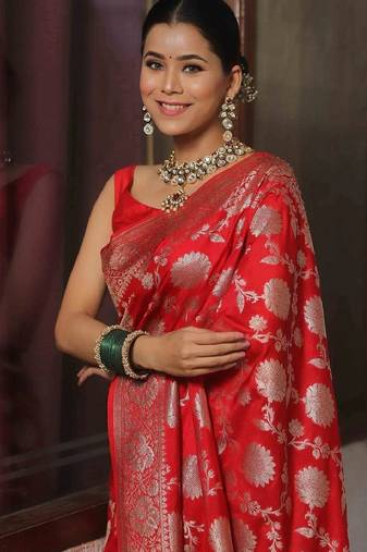 Red soft silk blend banarasi jacuard work designer party wear saree with unstitched blouse piece