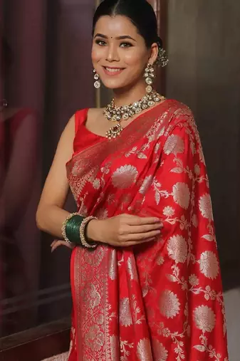 Red soft silk blend banarasi jacuard work designer party wear saree with unstitched blouse piece