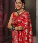 Red soft silk blend banarasi jacuard work designer party wear saree with unstitched blouse piece