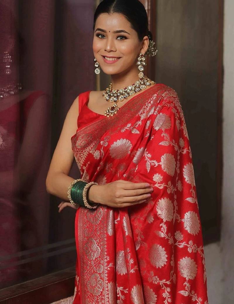 Red soft silk blend banarasi jacuard work designer party wear saree with unstitched blouse piece