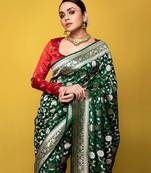 Green red soft silk blend banarasi jacuard work designer party wear saree with unstitched blouse piece