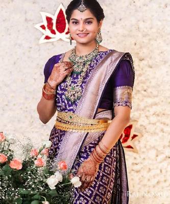 Purple silk blend banarasi saree with unstitched blouse piece 1