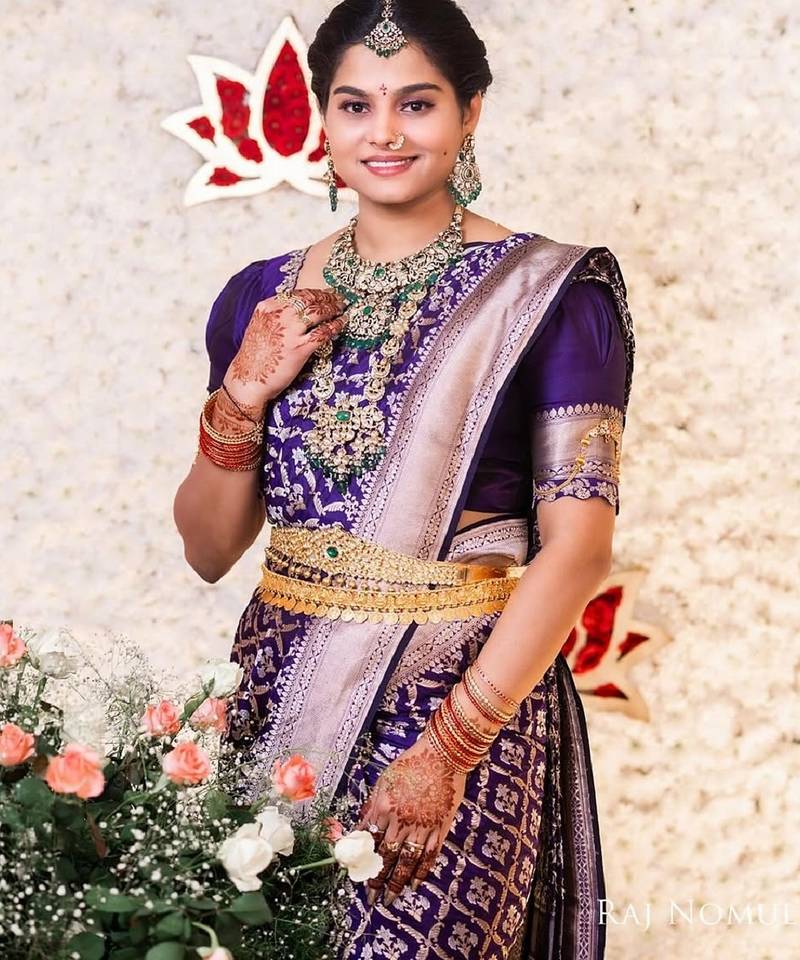 Purple soft silk blend banarasi jacuard work designer party wear saree with unstitched blouse piece