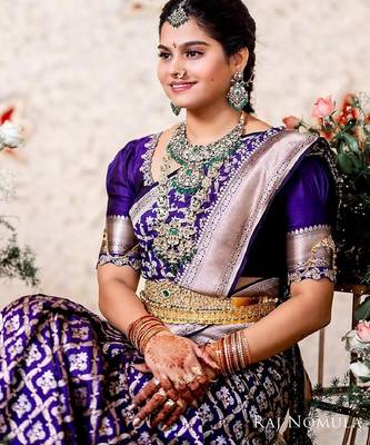 Purple silk blend banarasi saree with unstitched blouse piece 3