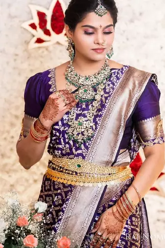 Purple silk blend banarasi saree with unstitched blouse piece