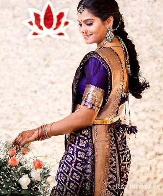 Purple silk blend banarasi saree with unstitched blouse piece 5