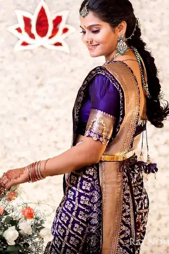 Purple silk blend banarasi saree with unstitched blouse piece
