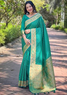 Teal silk blend banarasi saree with unstitched blouse piece 1