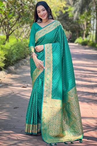 Teal soft silk blend banarasi jacuard work designer party wear saree with unstitched blouse piece