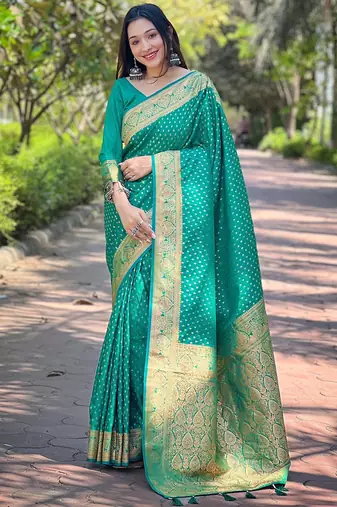 Teal soft silk blend banarasi jacuard work designer party wear saree with unstitched blouse piece