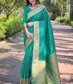 Teal soft silk blend banarasi jacuard work designer party wear saree with unstitched blouse piece