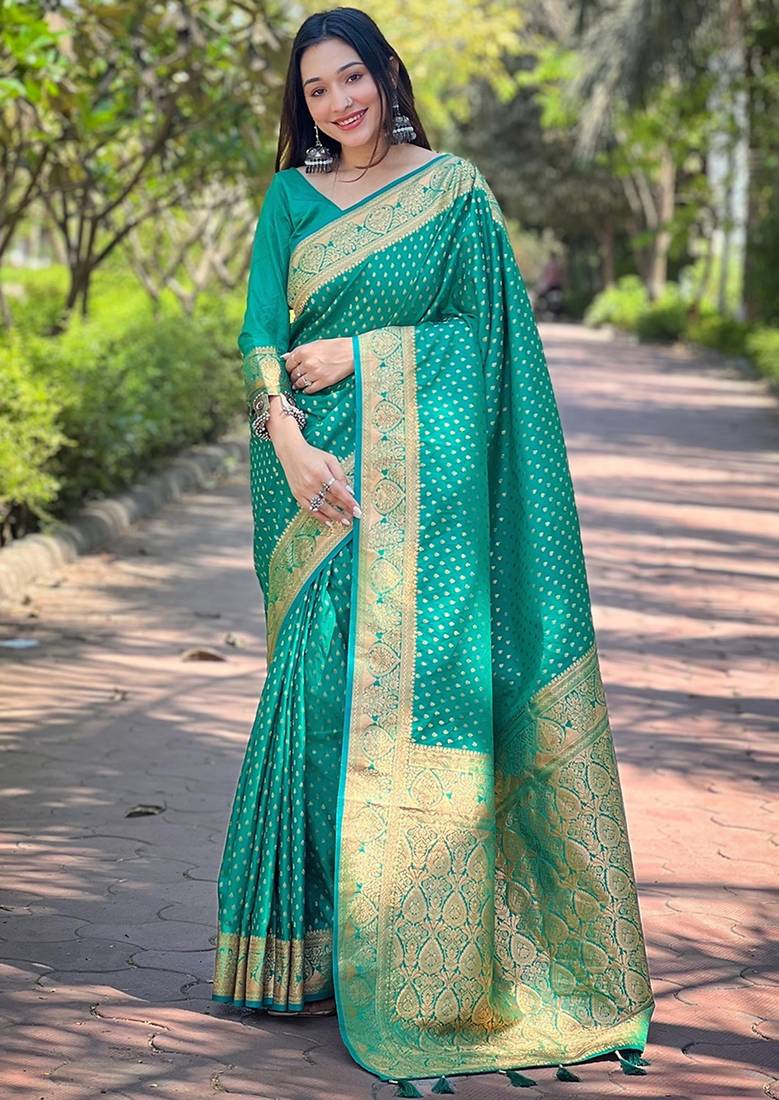 Teal soft silk blend banarasi jacuard work designer party wear saree with unstitched blouse piece