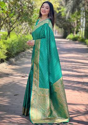 Teal silk blend banarasi saree with unstitched blouse piece 2