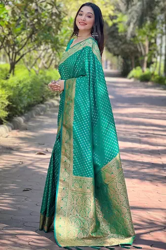 Teal silk blend banarasi saree with unstitched blouse piece