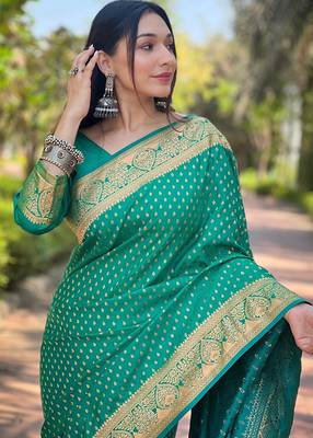Teal silk blend banarasi saree with unstitched blouse piece 3