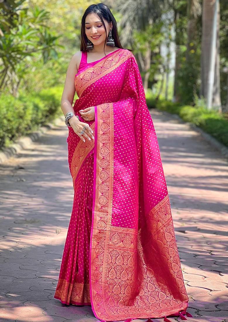 pink soft silk blend banarasi jacuard work designer party wear saree with unstitched blouse piece